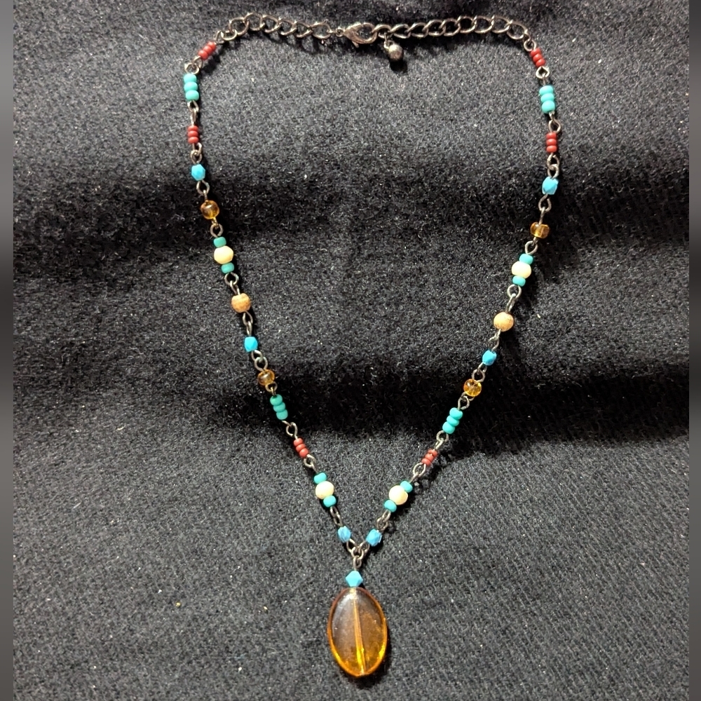 Gunmetal Black Blue Brown Cream Beaded Statement Necklace